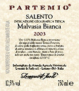 "Partemio vino blanco Malvasia Bianca" I.G.T. "Salento", uva blanca Malvasia de Brindisi 100%. Las uvas son transportadas con carros peque�os. Despu�s del despalillado y el estrujado viene introducido en tanques inox enfriado para obtener una decantaci�n est�tica. El mosto se travasa en los tanques y se activa la fermentaci�n a temperadura controlada. &nbsp;Alcohol 12,40 % vol. Grado alcoh�lico 12,40% vol.Acidez total 4,80 gr/lAnh�drido sulfuroso tot. 70 mg/lpH 3,61. Sopas a base de verduras, carnes blancas, platos a base de pescado 